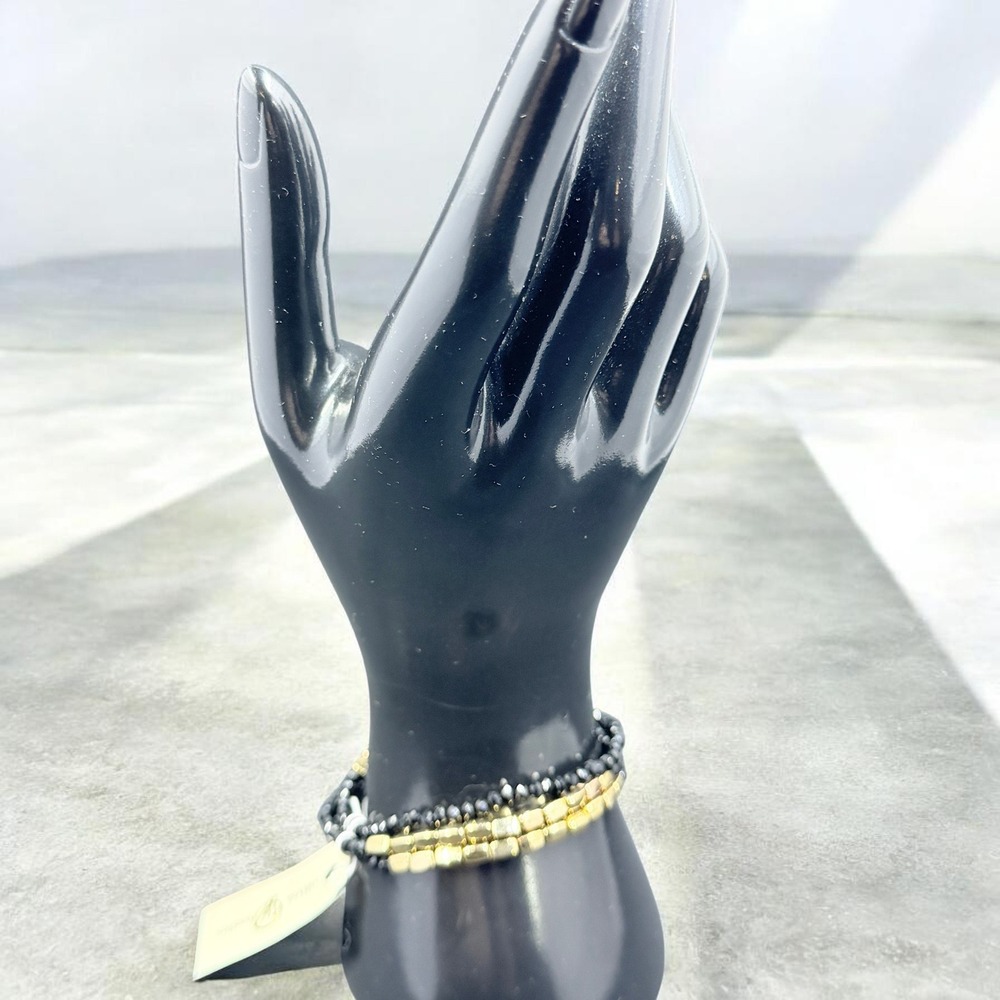 Olivia Welles‎ Black Crystal Beaded Gold Stretch Bracelet Stack Boho NWT Size 7